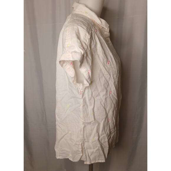 Lucky Brand Neon Splatter Floral Embroidered Button Up Top Shirt White Medium - Picture 11 of 11